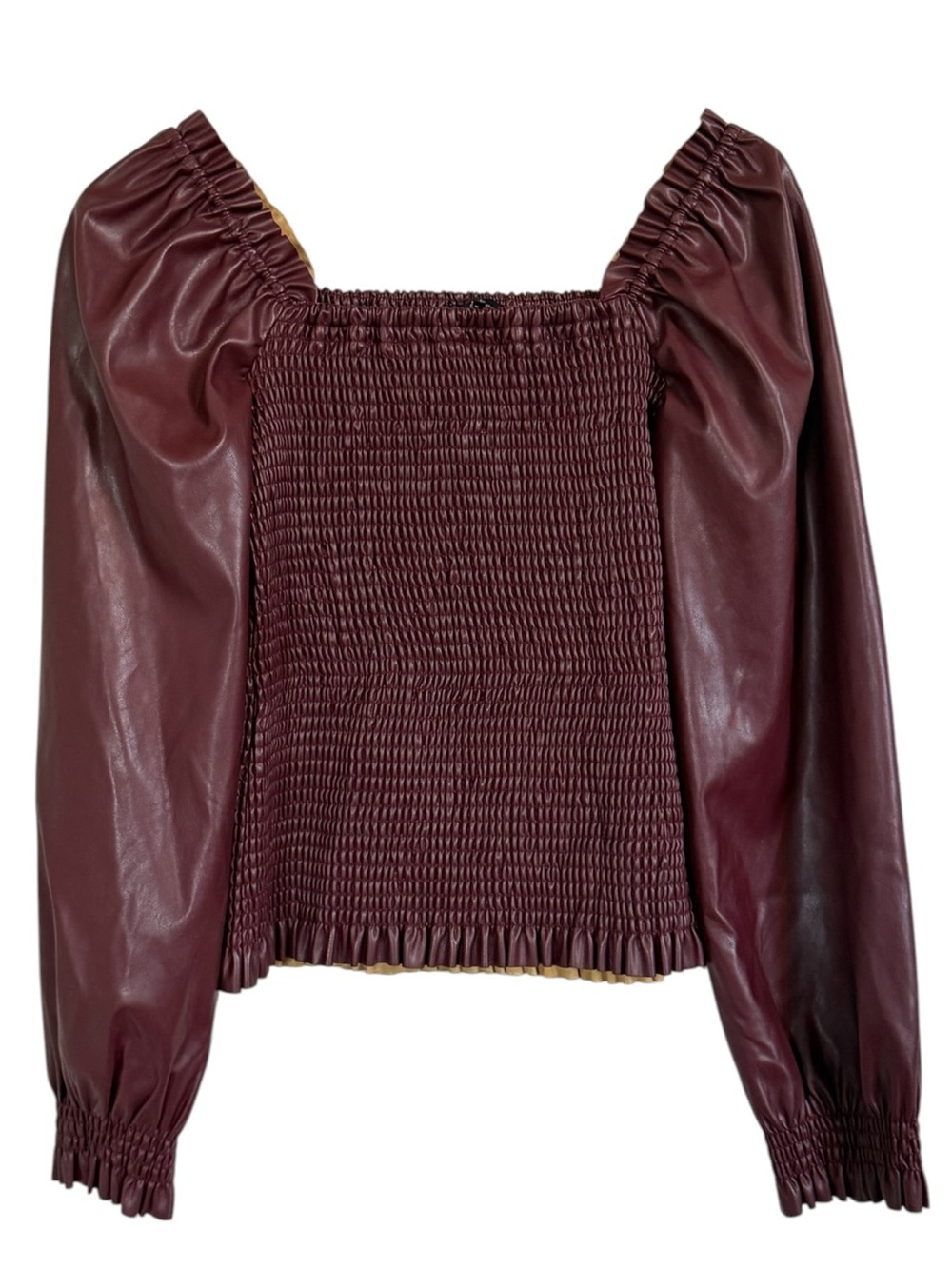 Ever After Faux Leather Smocked Puff Sleeve Top Burgundy Women’s M